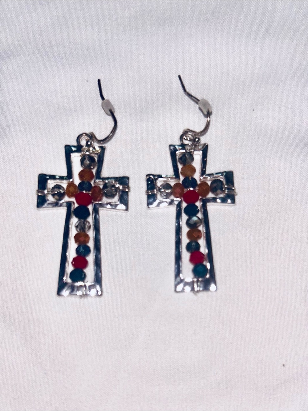 Silver Cross Drop Earrings with Multicolor Beads